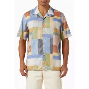 PAUL SMITH Shirt Mens Small Blue Watercolor Patchwork Abstract Camp Collar $195